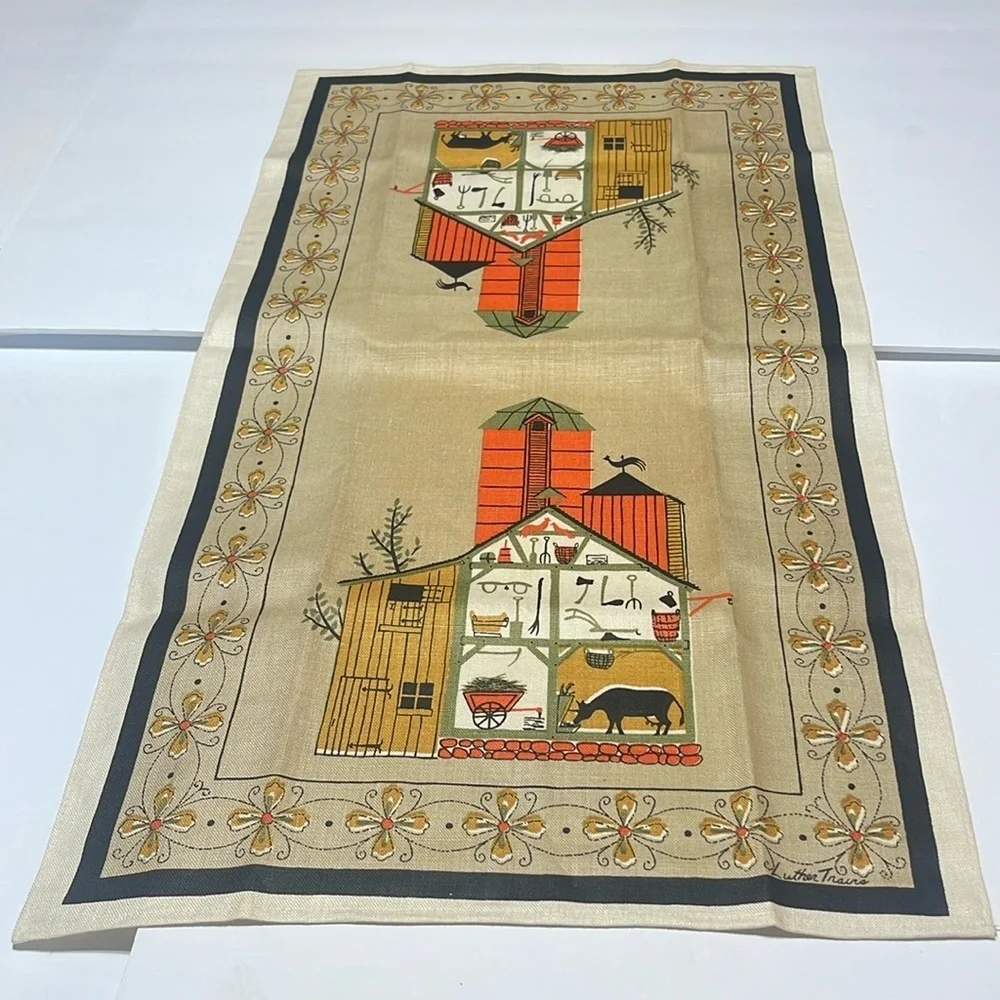 Luther Trains - Vintage Linen Tea Towel - farm, barn, cow - Size l6” X 29”